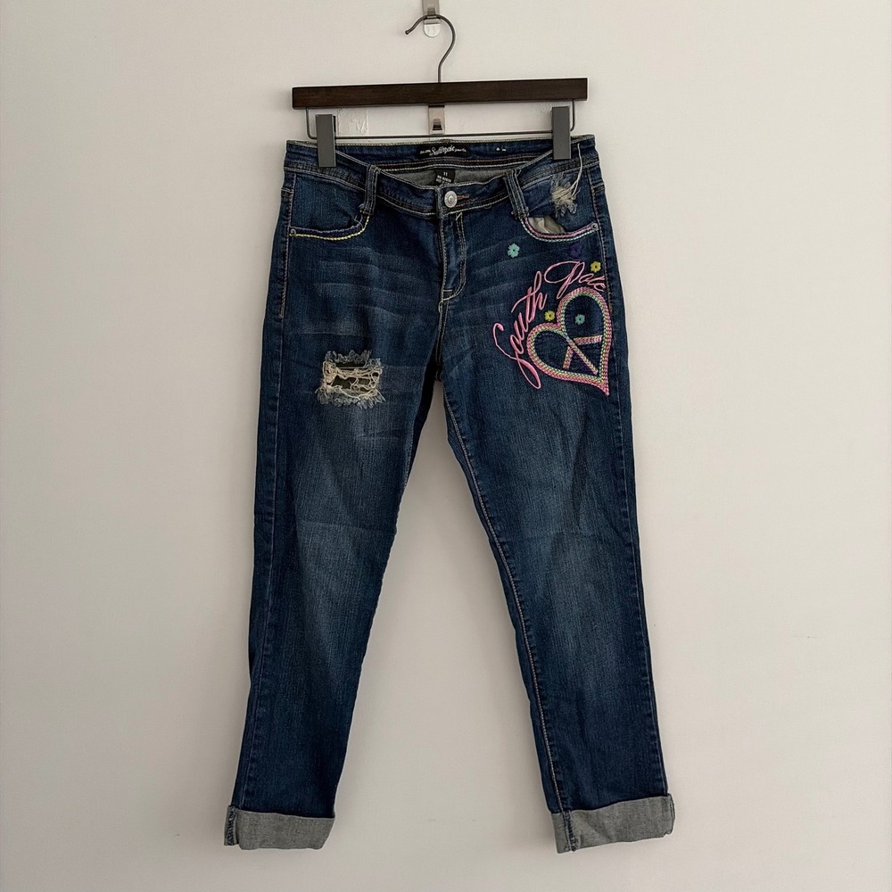 Southpole Jeans Co Women 11 Blue Distressed Embroidered Peace Heart Denim Jeans